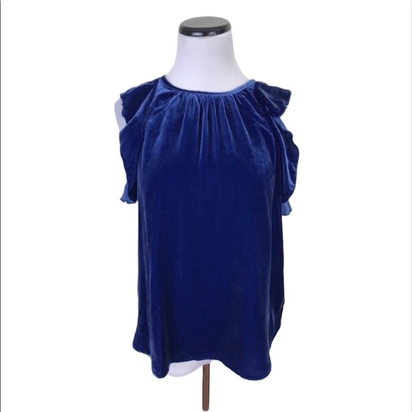 Gap Velvet Sleeveless Ruffle Blouse Top Keyhole Back Blue Size XS - Picture 2 of 8